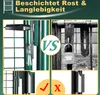 Comparison of a new green garden gate with a rusty old gate, highlighting durability and rust resistance. Produktbild-Vorschau