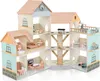 A multi-story wooden dollhouse with various rooms and furniture. Náhled obrázku produktu