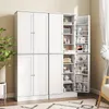 A white storage cabinet with multiple doors and shelves, some of which are open to display items inside. Produktbild-Vorschau