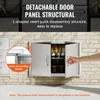 A stainless steel outdoor kitchen cabinet with doors open, showing jars inside, with a hand reaching for the handle. Text overlays describe features. Produktbild-Vorschau