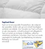 A close-up of a white quilted fabric with a subtle embossed pattern, accompanied by marketing text and a small graphic about the product's features. Produktbild-Vorschau