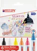 The image shows the packaging of a set of 6 Edding glass markers, with colorful drawings on the packaging indicating their use on glass surfaces for celebrations. Anteprima dell’immagine prodotto