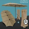A collage of images showing a large taupe patio umbrella in various states and views, including its open form, folded form, and a close-up of its fabric with a UV protection rating. Anteprima dell’immagine prodotto