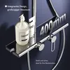 A close-up of a shower shelf with bottles of conditioner and lotion, with text overlays highlighting features. Podgląd zdjęcia produktu