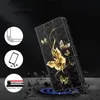 A black flip phone case with gold butterfly designs, shown at an angle with graphic elements suggesting protection and features. Produktbild-Vorschau