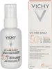 A product shot of Vichy Capital Soleil UV-Age Daily SPF 50+ sunscreen bottle and its packaging. Náhled obrázku produktu