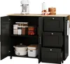 A kitchen cart with its doors open, displaying storage and appliances. Voir les images du produit