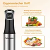Close-up of a black and silver immersion blender with marketing text and images of food. Produktbild-Vorschau