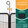 A close-up of a black metal pet playpen with text overlays describing its features. Produktbild-Vorschau