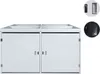 A front view of a light gray, two-unit bicycle garage with planters on top, set against a white background. Insets show close-ups of a remote control and a lock mechanism. Anteprima dell’immagine prodotto