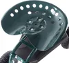 Close-up view of a green garden seat with holes, attached to a dark base with wheels. Podgląd zdjęcia produktu