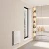 A modern kitchen with a white designer radiator mounted on a beige wall next to a window. Produktbild-Vorschau