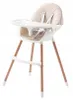 A beige and white high chair with wooden legs, shown against a white background. Produktbild-Vorschau