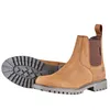 A pair of brown leather boots shown from the side and sole view. Voir les images du produit