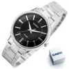 A Casio watch with a black dial and silver metal strap, presented with its branded box. Náhled obrázku produktu