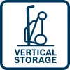 A graphic illustrating vertical storage of a trolley-like object, with text below. Voir les images du produit