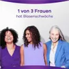 Three women of different ages are laughing together against a white background. Text above them states '1 von 3 Frauen hat Blasenschwäche'. Produktbild-Vorschau