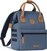 A blue backpack with brown leather accents is shown against a white background. Produktbild-Vorschau