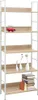 A tall, narrow bookshelf with five wooden shelves and a white metal frame, displayed against a white background. It is sparsely decorated with a toy van, vases, and a stack of books. Podgląd zdjęcia produktu