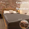 A bed with a fitted sheet, showing dimensions and a close-up of the sheet's depth. Produktbild-Vorschau