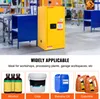 A yellow safety cabinet is shown in a workshop setting, with smaller images below showcasing various liquids and a container. Produktbild-Vorschau