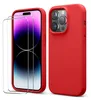 A red iPhone case and screen protectors are displayed against a white background. Produktbild-Vorschau