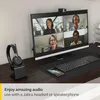 A desk setup with a computer monitor displaying a video conference, a headset on a stand, a keyboard, and a smartphone. Produktbild-Vorschau