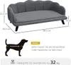 A diagram showing the dimensions of a dog sofa, with a silhouette of a dog and text providing instructions and weight limits. Podgląd zdjęcia produktu
