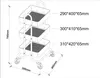 A technical drawing of a three-tier rolling cart with dimensions indicated. Podgląd zdjęcia produktu