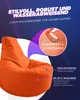 An orange beanbag chair with marketing text and graphics. Produktbild-Vorschau