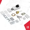 A collection of door lock components laid out on a blueprint background. Náhled obrázku produktu