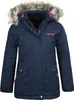 A close-up, front-facing studio shot of a navy blue girl's winter coat with a faux fur-lined hood.