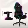 A black gaming chair with RGB LED lighting is shown, with a close-up inset highlighting the adjustable armrest. Anteprima dell’immagine prodotto