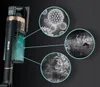 A close-up marketing image of a cordless vacuum cleaner, highlighting its features with magnified insets showing microscopic particles and debris. Produktbild-Vorschau