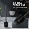 A toilet brush is shown in a bathroom setting, with text highlighting its quick-drying feature. Produktbild-Vorschau