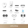 A flat lay of a robot vacuum cleaner and its accessories, with German text labels. Produktbild-Vorschau