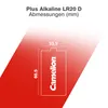 A diagram showing the dimensions of a Camelion Plus Alkaline LR20 D battery. Podgląd zdjęcia produktu
