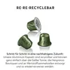 Three green coffee capsules are shown on a white background with text about recycling. Produktbild-Vorschau