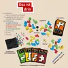 A flat lay of the Ubongo! 3-D Family board game components, including game pieces, cards, a die, and an hourglass, arranged on a light beige background. Produktbild-Vorschau