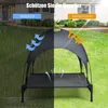 A divided image showing a dog bed with a canopy in two different weather conditions: rain and sun. Produktbild-Vorschau