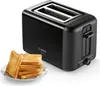 A black Bosch toaster with a stack of toast on a plate in front of it. Produktbild-Vorschau