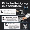 An instructional graphic demonstrating how to clean a coffee machine in three steps. The steps are visually represented with images of hands interacting with a coffee machine and cleaning tablets. Produktbild-Vorschau