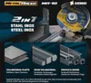 A collage-style marketing image showcasing a cutting disc and various metal materials it can cut, with descriptive text and branding. Produktbild-Vorschau