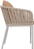 Side view of a single outdoor chair with a rope-woven back and seat, and a taupe cushion. Produktbild-Vorschau