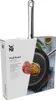 A frying pan is shown partially emerging from its packaging, with a close-up of raw meat and cooked food on the packaging. Podgląd zdjęcia produktu