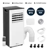 A collage image showing a portable air conditioner and its accessories. Produktbild-Vorschau