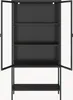 A black metal and glass display cabinet with its doors open, showing three shelves inside and a lower shelf on the stand. Náhľad obrázku produktu