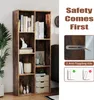 A wooden bookshelf with items on its shelves, next to a wall. A separate panel shows safety instructions for the bookshelf. Náhľad obrázku produktu