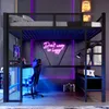 A loft bed with a desk and gaming setup, featuring neon lighting. Produktbild-Vorschau