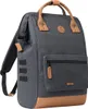 A dark gray backpack with brown leather accents is shown against a white background. Produktbild-Vorschau